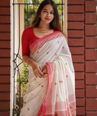White red silk blend jacuard work festival saree with unstitched blouse piece 2