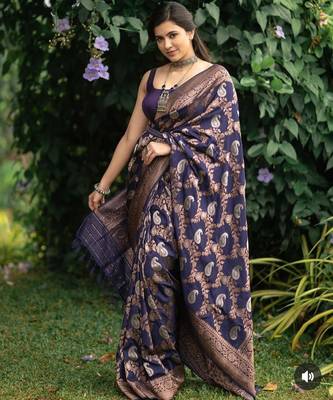 Blue silk blend jacuard work festival saree with unstitched blouse piece 1