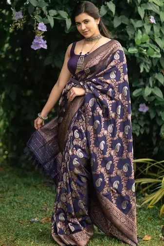 Blue silk blend jacuard work festival saree with unstitched blouse piece