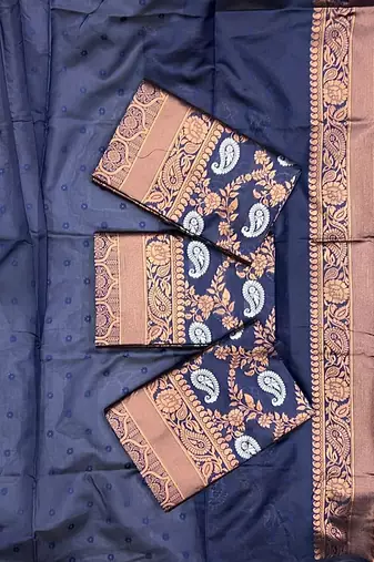 Blue silk blend jacuard work festival saree with unstitched blouse piece