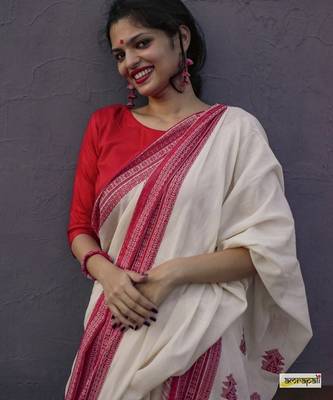 White red linen jacuard work festival saree with unstitched blouse piece 3