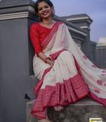 White red linen jacuard work festival saree with unstitched blouse piece