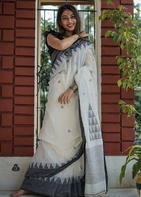 White black linen jacuard work festival saree with unstitched blouse piece 1