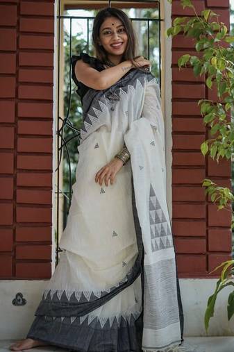 White black linen jacuard work festival saree with unstitched blouse piece
