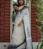 White black linen jacuard work festival saree with unstitched blouse piece