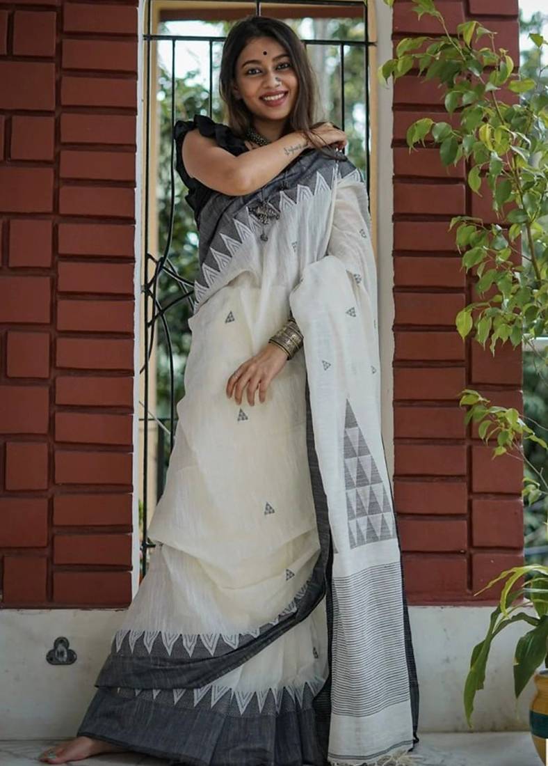 White black linen jacuard work festival saree with unstitched blouse piece