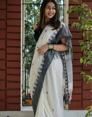 White black linen jacuard work festival saree with unstitched blouse piece 2