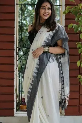 White black linen jacuard work festival saree with unstitched blouse piece