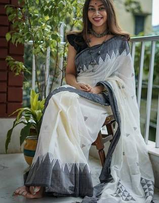 White black linen jacuard work festival saree with unstitched blouse piece 3