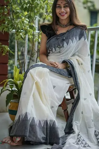 White black linen jacuard work festival saree with unstitched blouse piece