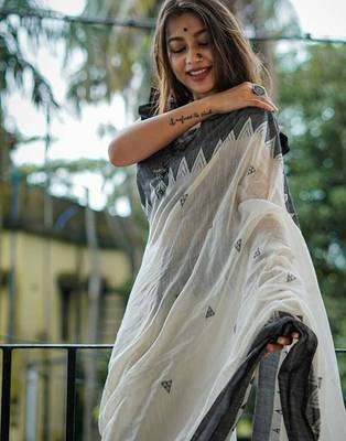 White black linen jacuard work festival saree with unstitched blouse piece 4