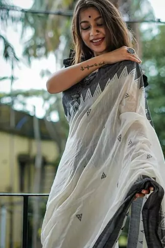 White black linen jacuard work festival saree with unstitched blouse piece