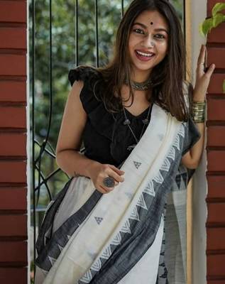 White black linen jacuard work festival saree with unstitched blouse piece 5