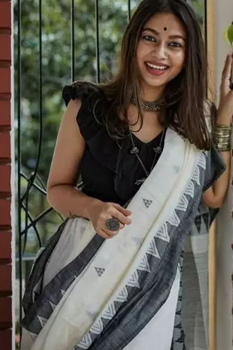White black linen jacuard work festival saree with unstitched blouse piece