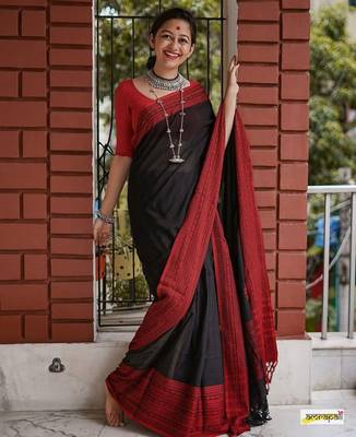 Black red linen jacuard work festival saree with unstitched blouse piece 1