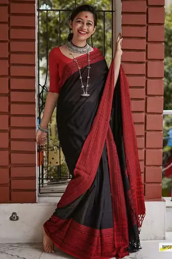 Black red linen jacuard work festival saree with unstitched blouse piece