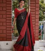 Black red linen jacuard work festival saree with unstitched blouse piece