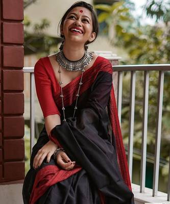 Black red linen jacuard work festival saree with unstitched blouse piece 2