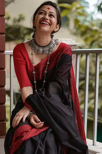 Black red linen jacuard work festival saree with unstitched blouse piece