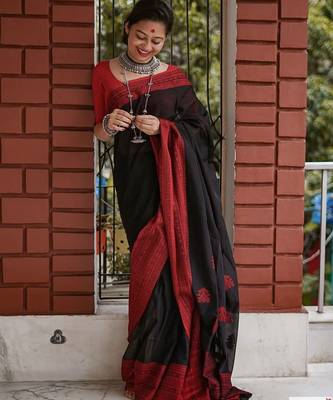 Black red linen jacuard work festival saree with unstitched blouse piece 3