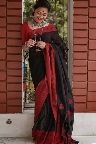 Black red linen jacuard work festival saree with unstitched blouse piece