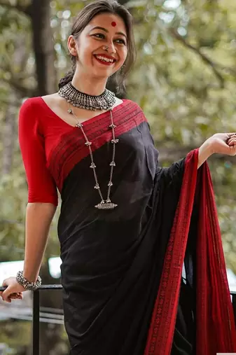 Black red linen jacuard work festival saree with unstitched blouse piece