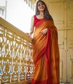 Yellow orange linen jacuard work festival saree with unstitched blouse piece