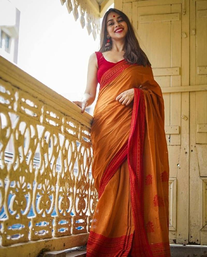 Yellow orange linen jacuard work festival saree with unstitched blouse piece