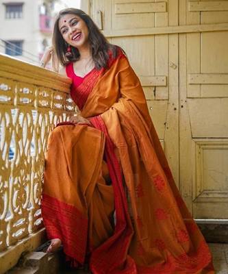 Yellow orange linen jacuard work festival saree with unstitched blouse piece 5