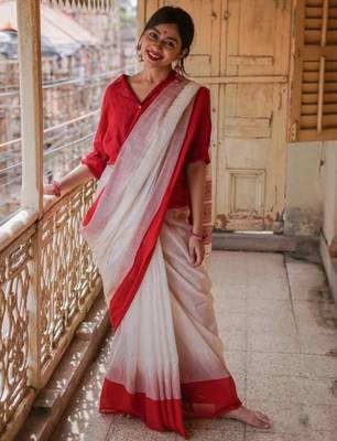 White red linen jacuard work festival saree with unstitched blouse piece 1