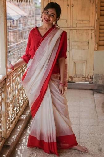 White red linen jacuard work festival saree with unstitched blouse piece