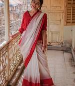 White red linen jacuard work festival saree with unstitched blouse piece