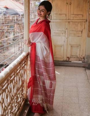 White red linen jacuard work festival saree with unstitched blouse piece 2