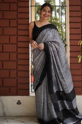 Grey black linen jacuard work festival saree with unstitched blouse piece 1