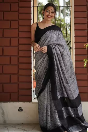Grey black linen jacuard work festival saree with unstitched blouse piece