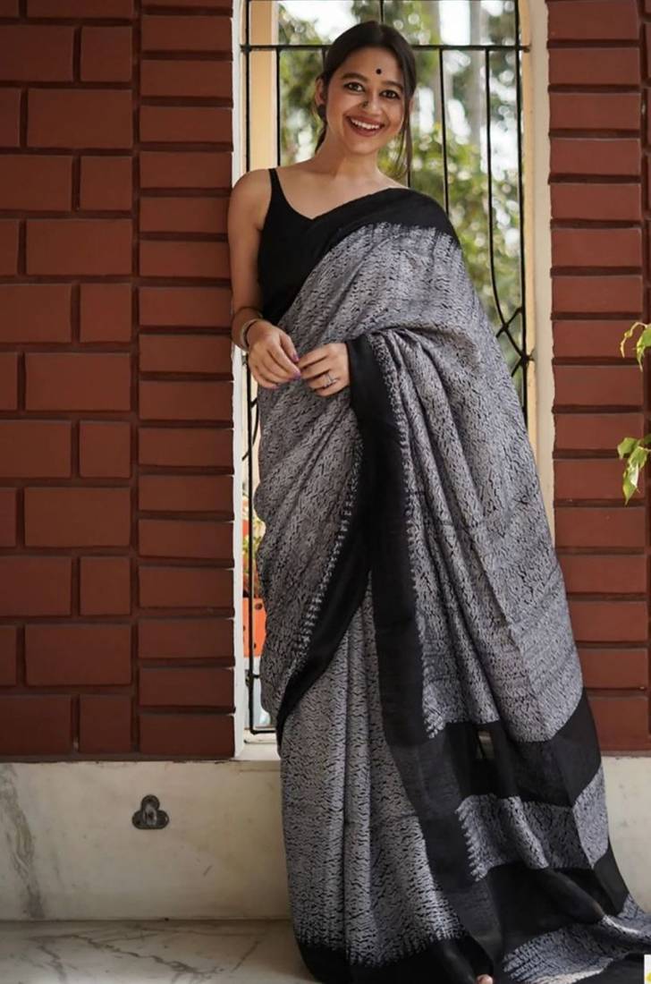 Grey black linen jacuard work festival saree with unstitched blouse piece
