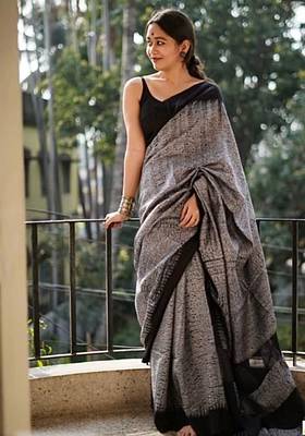 Grey black linen jacuard work festival saree with unstitched blouse piece 2