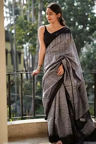 Grey black linen jacuard work festival saree with unstitched blouse piece