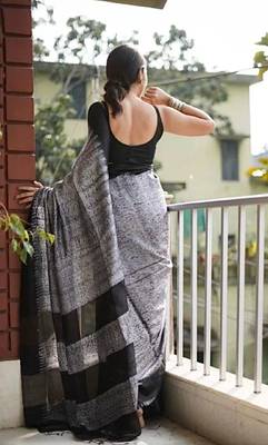 Grey black linen jacuard work festival saree with unstitched blouse piece 3