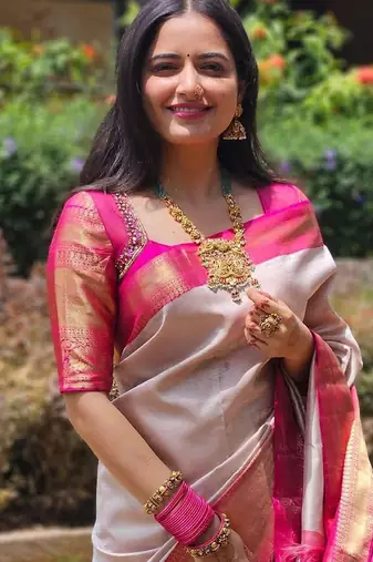 Grey pink silk blend jacuard work festival saree with unstitched blouse piece