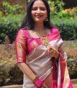 Grey pink silk blend jacuard work festival saree with unstitched blouse piece