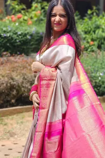 Grey pink silk blend jacuard work festival saree with unstitched blouse piece
