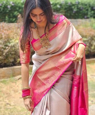 Grey pink silk blend jacuard work festival saree with unstitched blouse piece 3