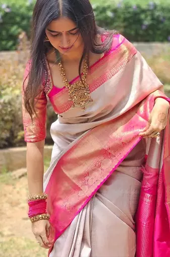 Grey pink silk blend jacuard work festival saree with unstitched blouse piece