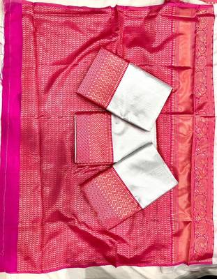 Grey pink silk blend jacuard work festival saree with unstitched blouse piece 4