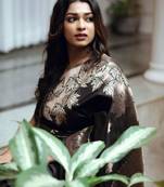 Black silk blend jacuard work festival saree with unstitched blouse piece