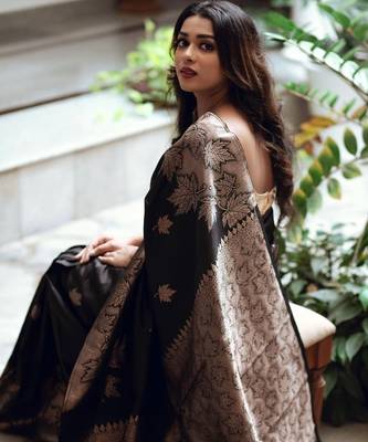 Black silk blend jacuard work festival saree with unstitched blouse piece 2