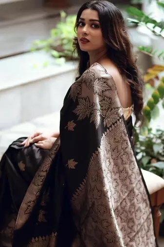 Black silk blend jacuard work festival saree with unstitched blouse piece