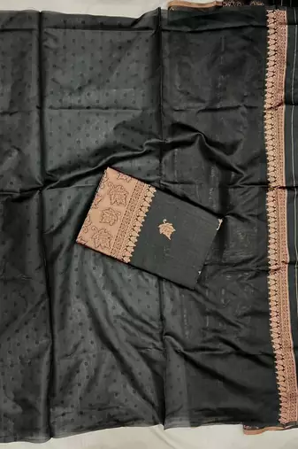 Black silk blend jacuard work festival saree with unstitched blouse piece