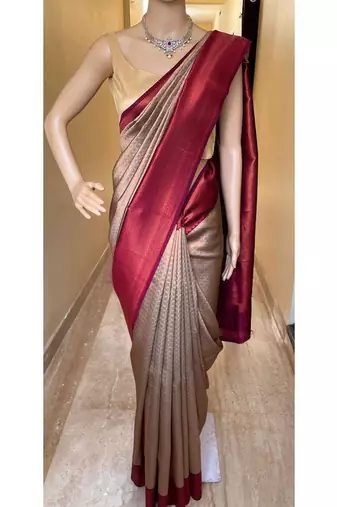 Beige maroon silk blend jacuard work festival saree with unstitched blouse piece